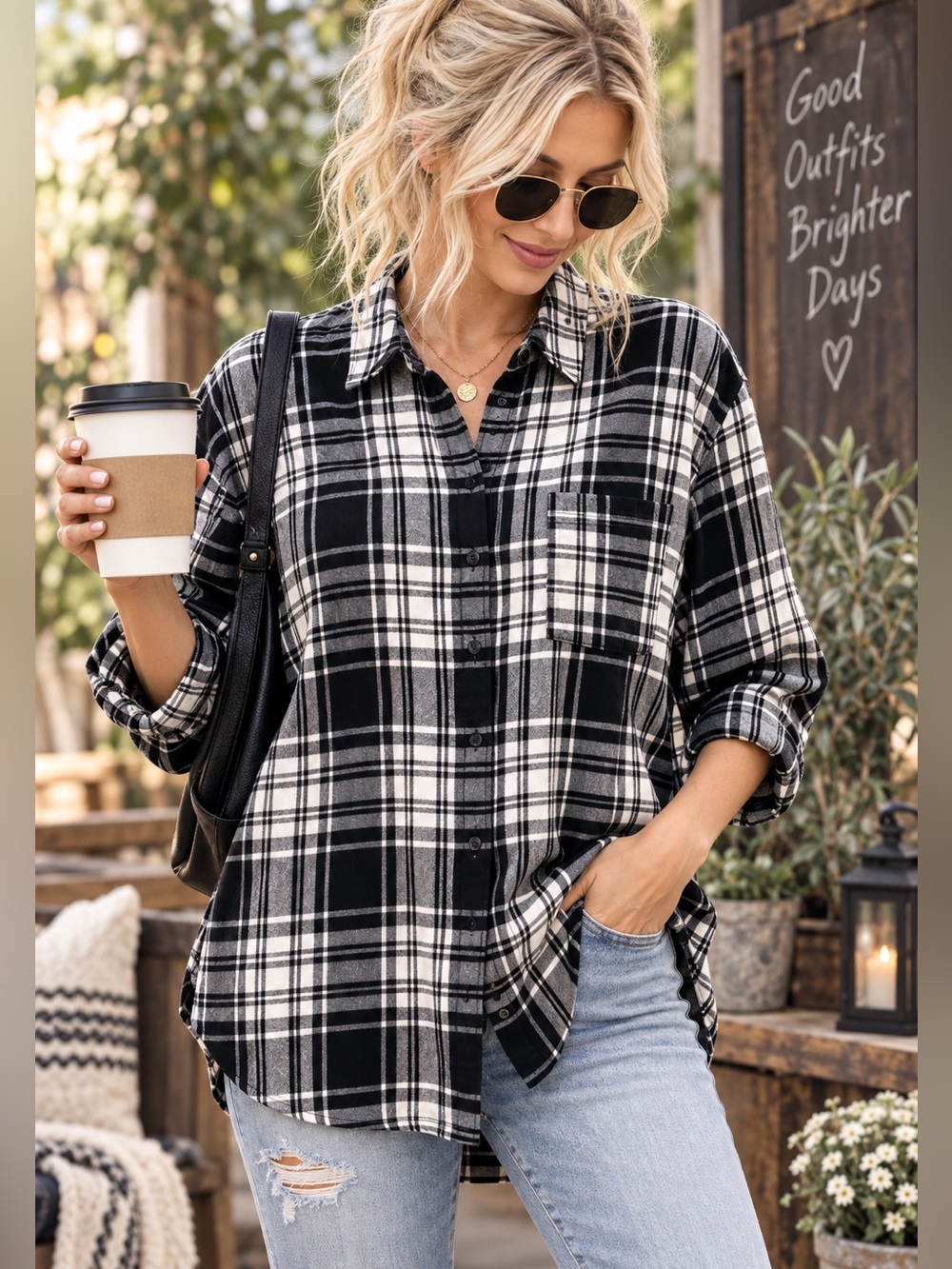 Universal Thread Oversized Cotton Plaid Button Up Shirt Black White Size M